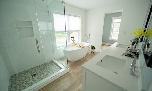 Modern,Bathroom,In,Gray,And,White,Hues,Showcasing,Sleek,Design